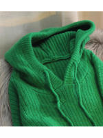 Hooded long women autumn winter solid knitted pullovers warm loose casual knitwear jumper - details 6