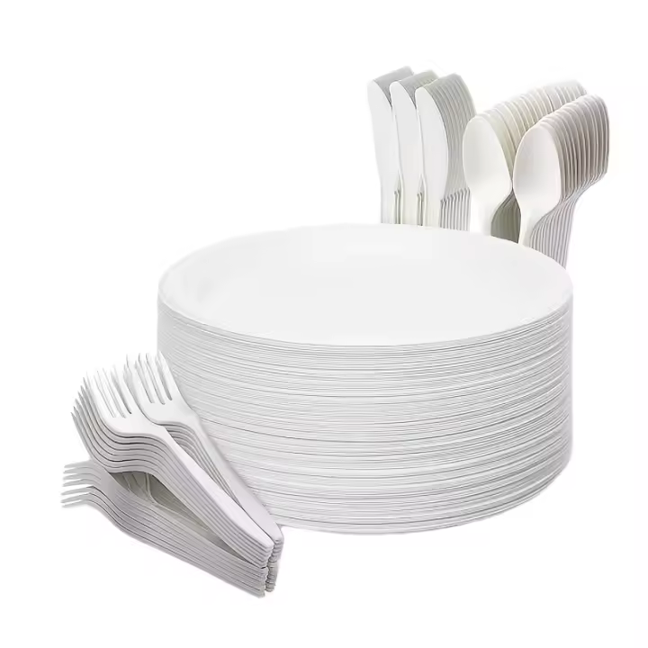 200 Piezas de Cubiertos Desechables Biodegradables Incluyen 50 Platos, 50 Tenedores, 50 Cuchillos, 50 Salos - 1