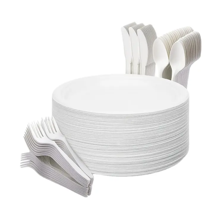 200 Piezas de Cubiertos Desechables Biodegradables Incluyen 50 Platos, 50 Tenedores, 50 Cuchillos, 50 Salos - 1