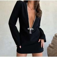 Elegante Vestido Mini de Cintura Alta y Ajustado Manga Larga, Cuello en V Profundo, Moda Nocturna para Mujeres - details 8