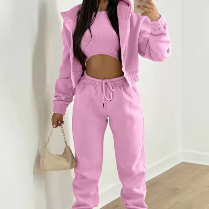 Conjunto de tres piezas para mujer, pantalones largos con sudadera con capucha de forro polar, conjunto deportivo, moderno, informal, de invierno, conjunto completo - 1
