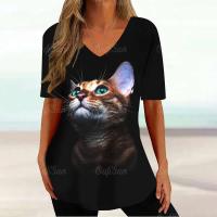 Camiseta Gráfica de Gato Kawaii Manga Corta, Estampado Haruku, Cuello en V, Ropa Suelta para Mujeres - details 19