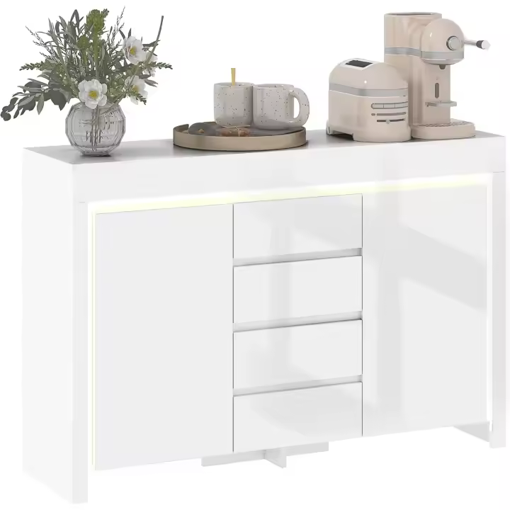 Aparador con Luces LED Aparador de Salón con 4 Cajones Cierre Suave Estantes Ajustables y Mando a Distancia Mueble Aparador de Dormitorio 120x34x80 cm Blanco Brillo - 1
