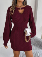 Vestido suéter vintage calado elegante de punto de manga larga para mujer, otoño e invierno - details 0
