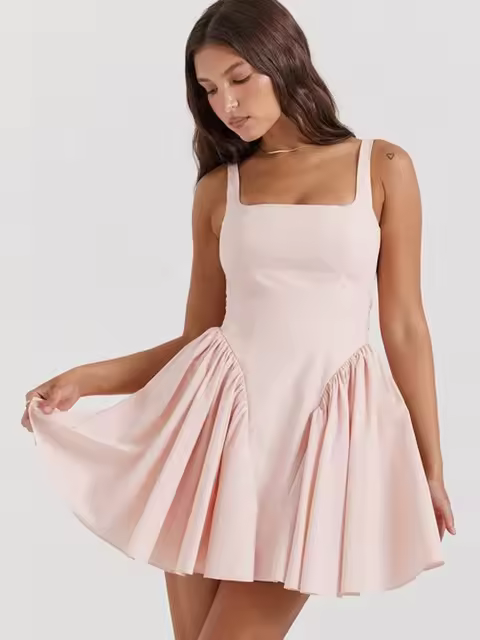 Elegante Mini Vestido sin Espalda con Lazo Vestido de Línea A con Cuello Cuadrado Dulce - 1