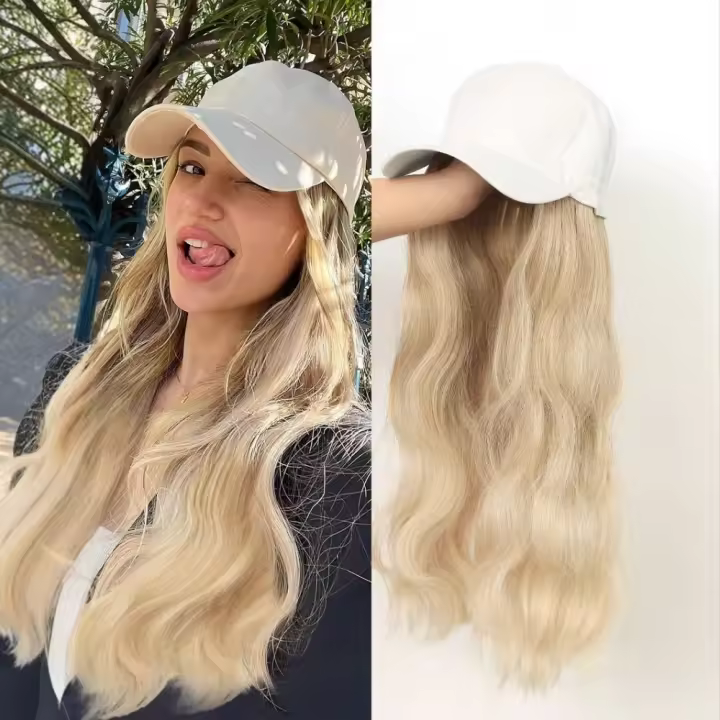 Gorra de béisbol sintética con peluca, postizo Natural de estilo coreano, pelo largo liso y rizado, peluca de sombrero ajustable Invisible sin costuras - 1