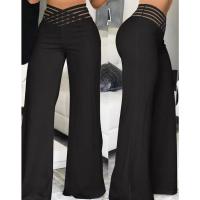 Pantalones Elegantos De Cintura Alta Y Pierna Ancha Para Mujer Casual Oficina Malla Transparente Con Cruces Ropa De Mujer - details 3