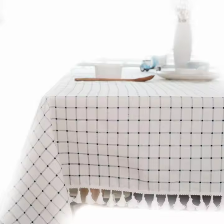 Mantel de Cuadros Blancos y Azules - Algodón con Borlas, Rectangular para Mesa de Centro (120x120cm) - 1