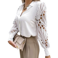 Blusa con Cuello en V para Mujer, Camisa de Encaje de Manga Corta, Túnica de Color Sólido - details 6