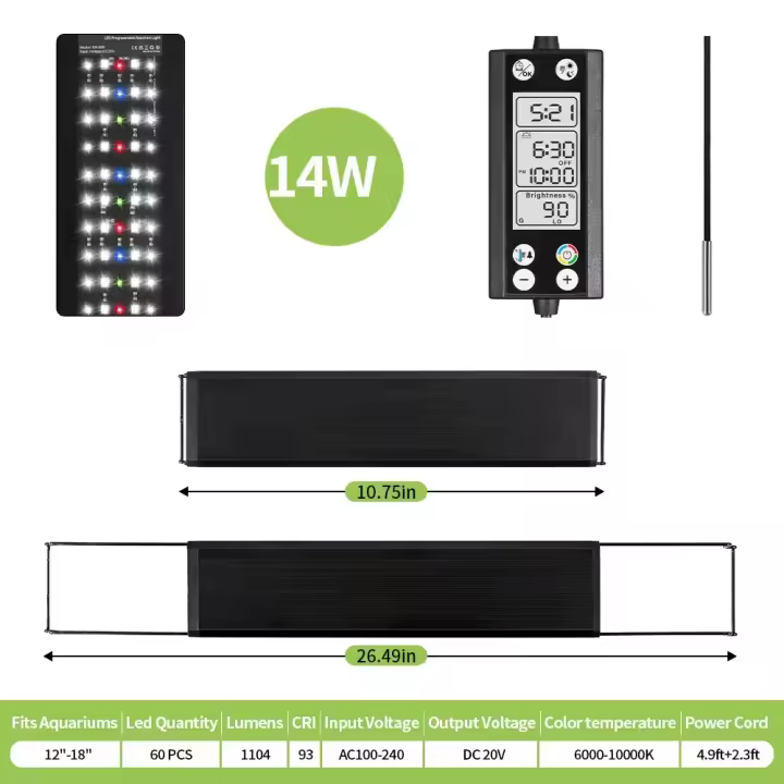 Luz LED de ciclo 24/7 para pecera, iluminación con Monitor LCD y termómetro, función de memoria, IP68, 110V-240V, 30-60cm - 1