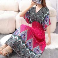 Casual bohemio estilo nacional con cuello en V cintura elástica gran Swing impreso verano Falda larga mujer vestido ropa - details 11