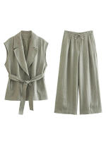 - Primavera Verano 2025 Moda Mujer Chaleco Cuello Alto con Cinturón Sin Mangas + Pantalones Largos de Pierna Ancha de Cintura Alta - details 5
