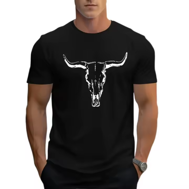 Camiseta Casual de Verano con Estampado de Calavera de Toro Cuello Redondo, Ajuste Regular, Algodón y Poliéster Perfecto para el Uso Diario - 1