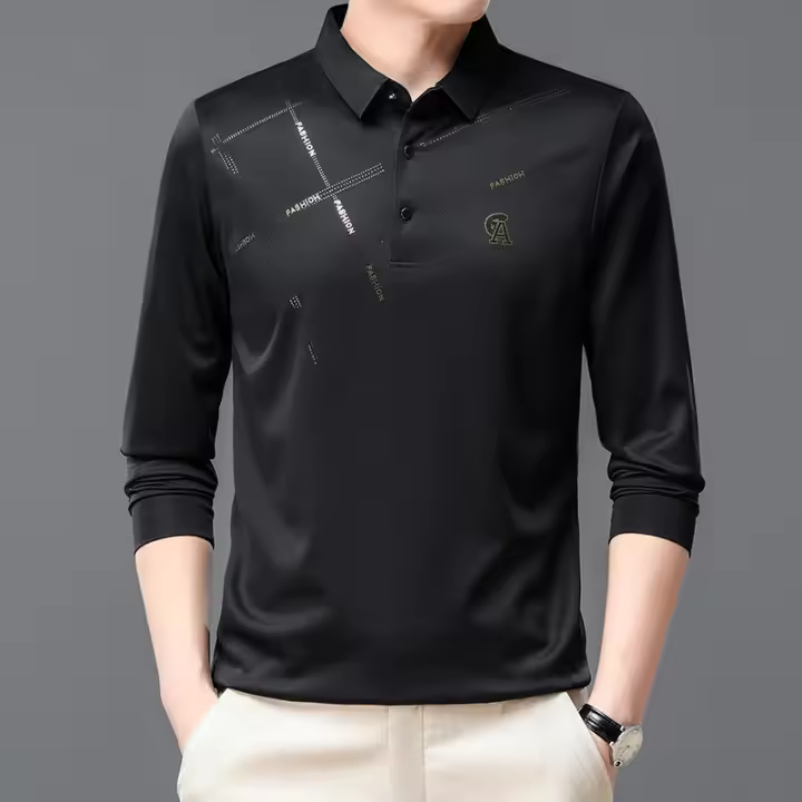 Camiseta de manga larga para hombre, Polo informal con cuello de moda sin hierro, para negocios, otoño, 2025 - 1