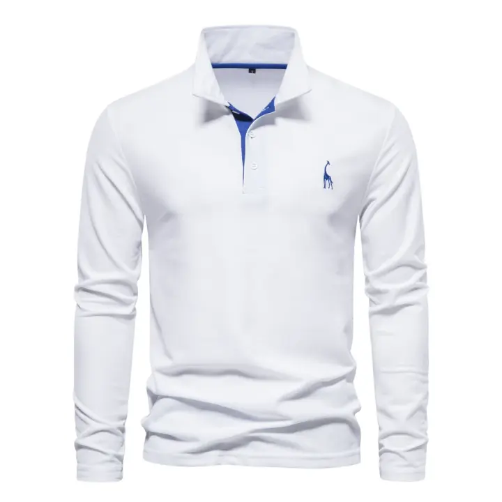 Polos hombre manga larga ropa hombre día del padre 2025 nuevos hombres ciervos bordado Polo camisas Color sólido manga larga negocios sociales hombre - 1