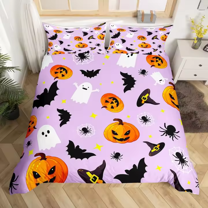Cubierta de Edredón de Poliéster con Tema de Halloween Dulce Fantasma, Calabaza, Lámpara de Flor - 1