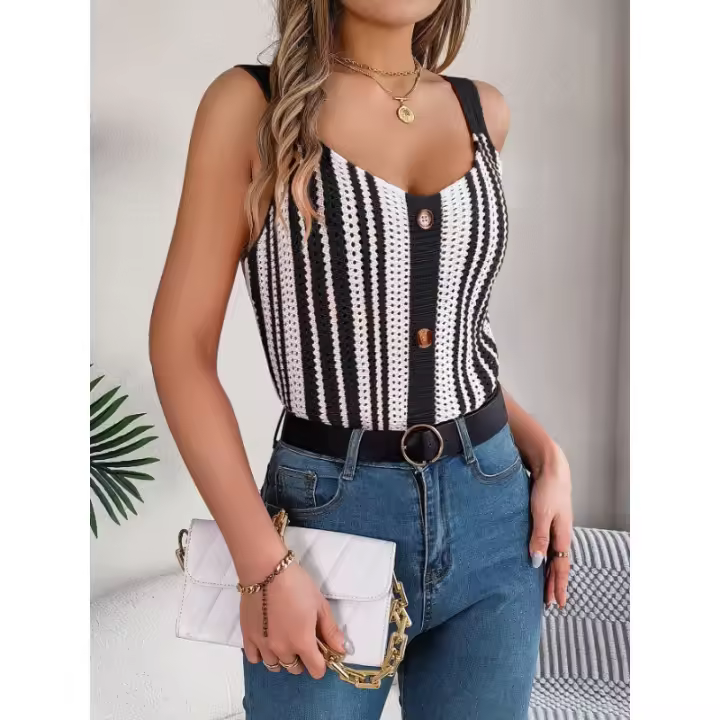 Primavera/Verano Cuello en V Botón Comparación Suéter de punto hueco Camiseta de vacaciones Top - 1