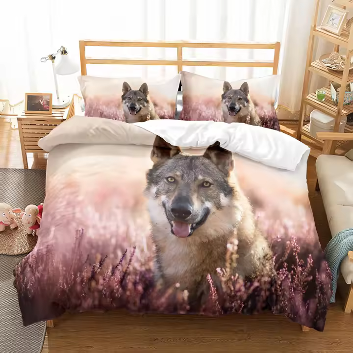 Juego de funda nórdica de lobo para niños, tamaño Queen, Boho, lobo, vida silvestre, bosque, rey, juego de cama de animales, funda de edredón de poliéster con funda de almohada - 1