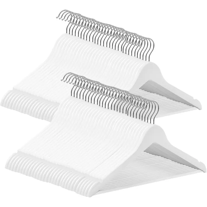Juego de Perchas de Madera Maciza de 60 Piezas Brillante, Robusta, Gancho Giratorio 360°, Barra Antideslizante para Pantalones, Blanco - 1