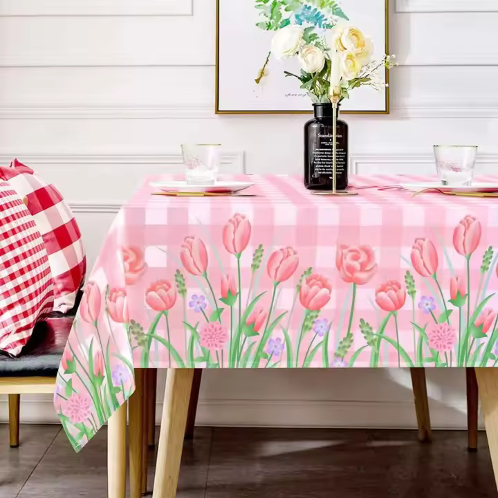 mantel a cuadros de tulipán rosa, decoración de boda impermeable para el día de la madre, fiesta, cocina, restaurante - 1
