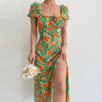 Vestido de mujer, novedad de verano 2025, vacaciones, pausa para el té, cuello cuadrado, falda de longitud media, mangas de burbuja, vestido con abertura Floral francés - details 30