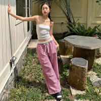 BUNO-Pantalones de encaje a rayas para mujer, Pantalones rectos de pierna ancha con cintura elástica y cordón, ropa de calle holgada para primavera y verano, pantalones de chándal informales - details 33