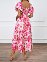 Vestido de manga de burbuja con falda mullida estampada con cuello de una línea de estilo nuevo de verano para mujer - details 5
