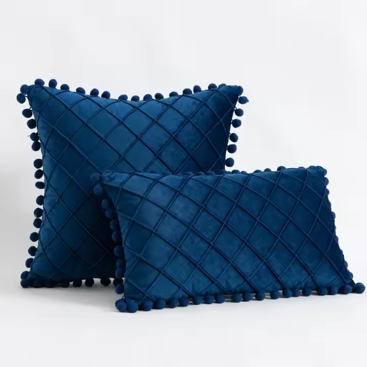 Fundas de Almohada Decorativas de Granja Boho Cujones de Terciopelo a Cuadros con Pom-poms - 1