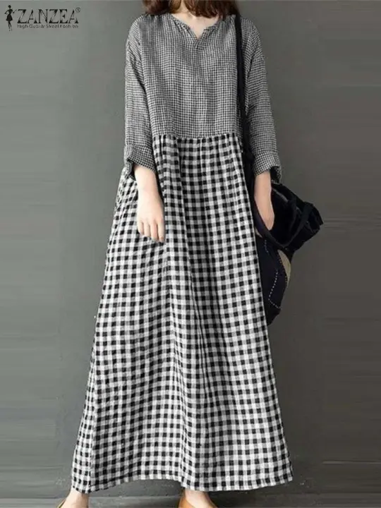 ZANZEA-Vestidos Vintage a cuadros para mujer, Vestido estampado de rejilla de primavera, Vestido holgado informal de manga larga, Vestido veraniego de trabajo elegante para mujer - 1