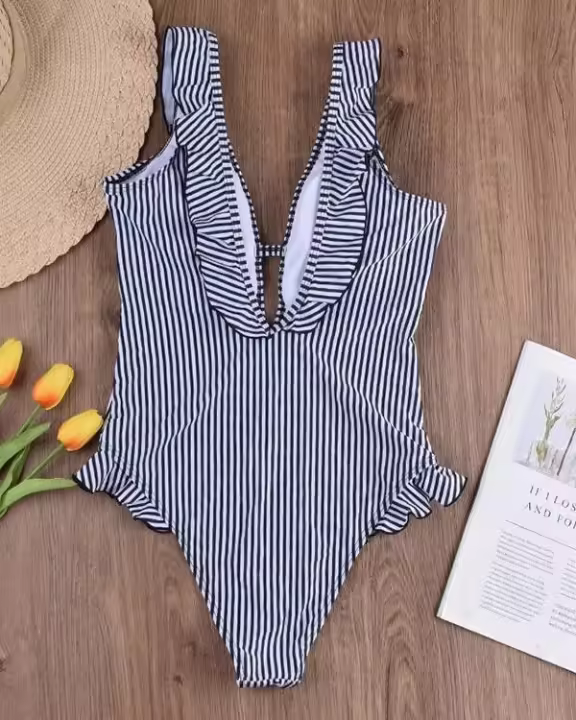 Female Striped Ruffle One Piece Swimsuit Summer Sexy Backless V Neck Bikini Swimsuit Swimmer Swimwear Elegant Ladies Beachwear - 1