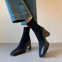 2024 nueva delgada gamuza patchwork mujer corto otoño e invierno tacón grueso elástico botas ajustadas - details 5