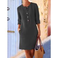 Primavera nuevo vestido de manga larga con cuello redondo de algodón y lino de talla grande para mujer - details 2
