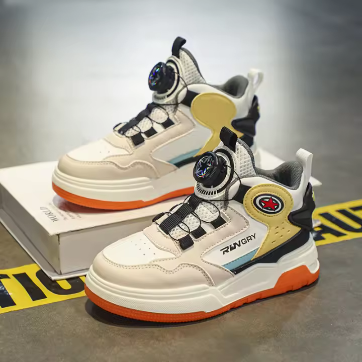 Nuevos zapatos de tablero alto con botón giratorio para niños de moda, superficie de cuero para niños de hip-hop - 1