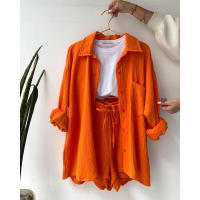 Conjunto de dos piezas para mujer, camisa de manga larga con cuello vuelto de tela arrugada, pantalones cortos con cordón de cintura alta, moda informal de talla grande - details 13
