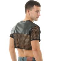 Tops cortos Hombre Malla sexy PU Lencería de cuero Manga corta Músculo Mini chaleco Sujetadores Clubwear Escote en O Traje erótico - details 6