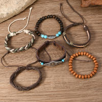 Conjunto de 6 pulseras boho madera cuentas vintage cabeza de toro ojos plumas multicapa artesanales regalos para hombre - details 2