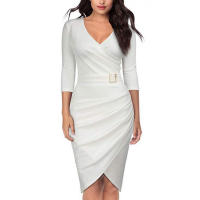 Elegante dama profundaVVestido con cuello y cinturón Vestido de fiesta plisado de manga larga ajustado de longitud media - details 2