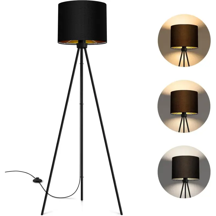 Lámpara de pie LED regulable 3 temperaturas de color Bombilla E27 Lámpara de pie moderna con trípode de metal Ideal para sala de estar, dormitorio, estudio, oficina Negro-dorada - 1