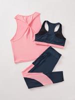 Conjunto de Yoga para Mujer - Sujetador Deportivo Acanalado de Alta Elasticidad con Detalle de Nudo y Leggings con Ribete de Contraste - Mezcla de Poliéster Transpirable, Lavable a Máquina - Perfecto para Todas las Estaciones - details 0