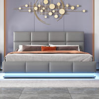 Cama de Almohada Tapizada 160 x 200cm LED, Rejilla Metálica, Caja de Cama, Doble Cama con Soporte de Cabeza Ajustable y Espacio de Almacenamiento Hidráulico Gris (Sin Colchón) - details 5