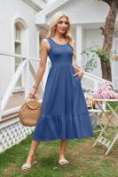 vestido sin mangas de verano para mujer, maxivestido plisado con cuello cuadrado, escalonado, informal, con bolsillos, 2025 - details 16