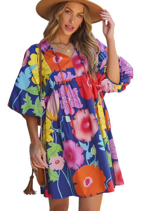 Elrachen Vestido babydoll floral con cuello dividido para mujer, azul oscuro, tallas S-2XL - 1