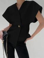 Camisa elegante de manga corta para mujer, Tops ajustados con cuello en V Irregular, botones sólidos, temperamento informal - details 7