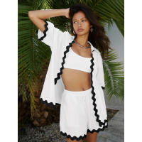 Conjunto de dos piezas de camisa de manga corta con botones y pantalones cortos holgados casuales de moda para mujer, primavera verano. - details 37