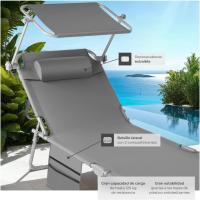 Tumbona Jardín Exterior de Acero, Tumbona Plegable con Reposacabezas, Parasol y Bolsillo Lateral, Tumbona Playa Reclinable 6 Posiciones, Tumbona Piscina Resistente a Intemperie - Gris - details 4