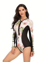 Traje de baño de una pieza con estampado floral de manga larga, traje de buceo y surf de corte alto con cremallera y estampado - details 2