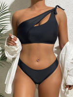 Bikini de un hombro para mujer, traje de baño negro liso, conjunto de dos piezas, ropa de playa, 2024 - details 1