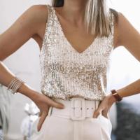 Camisetas sin mangas sexis con cuello en V profundo para mujer, jersey elegante sin mangas, monocromático, lentejuelas brillantes, blusas sueltas, moda, verano - details 2