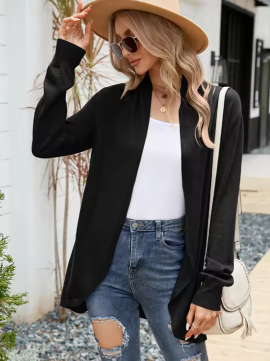 Cárdigan de manga lisa para mujer, chaqueta larga de punto, ropa informal, Otoño/Invierno, 2023 - 1