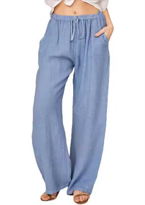 Pantalones anchos de algodón elástico de cintura alta de lino para mujer, pantalones casuales de verano - 1